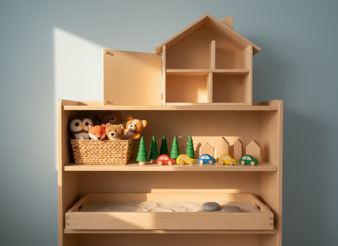 A close-up of a small arrangement on a counseling room side table: a textured ceramic tissue box cover in a warm off-white tone, a simple sand timer with fine white sand mid-flow, and a matte glass candle holder with an unlit ivory candle. The table is a round, light-wood surface with a soft, natural grain, positioned beside the blurred outline of a neutral-toned sofa back. Soft, warm pendant lighting from above creates subtle highlights on the glass and ceramic, with gentle, elongated shadows. Photographic realism with a shallow depth of field and off-center composition, emphasizing space and breathing room. The mood is composed, respectful, and quietly supportive, symbolizing emotional holding and presence in therapy.