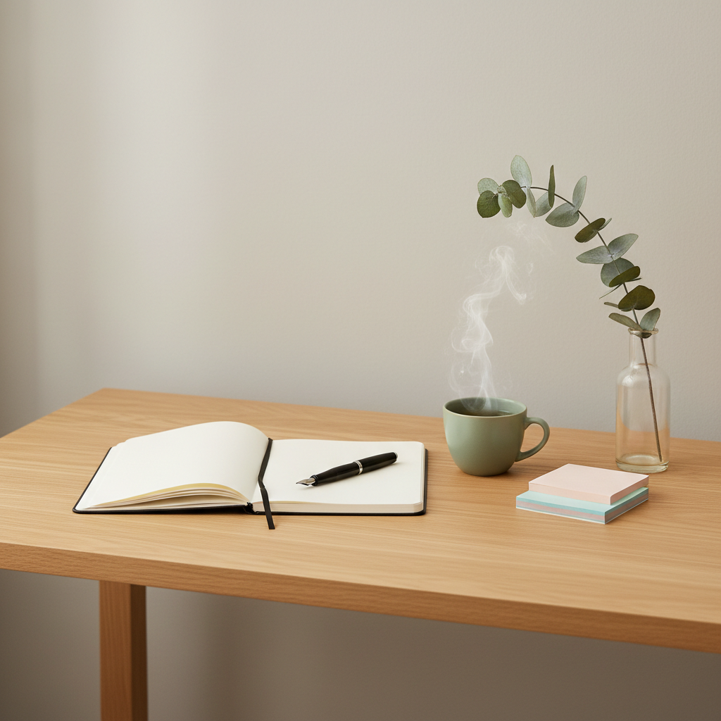 A minimalist wooden writing desk against a pale, warm-gray wall, holding an open, blank notebook with a smooth ivory pages, a fine black fountain pen, and a small ceramic cup of herbal tea with delicate steam rising. Next to the notebook lies a neatly stacked set of pastel sticky notes and a single eucalyptus branch in a clear glass vase. Soft overcast daylight enters from a nearby unseen window, creating gentle, even illumination with almost no harsh shadows. Photographic realism with a slightly elevated angle and balanced composition, emphasizing clarity, order, and reflective space. The mood is contemplative and steady, evoking self-exploration, journaling, and therapeutic reflection in a calm, professional environment.