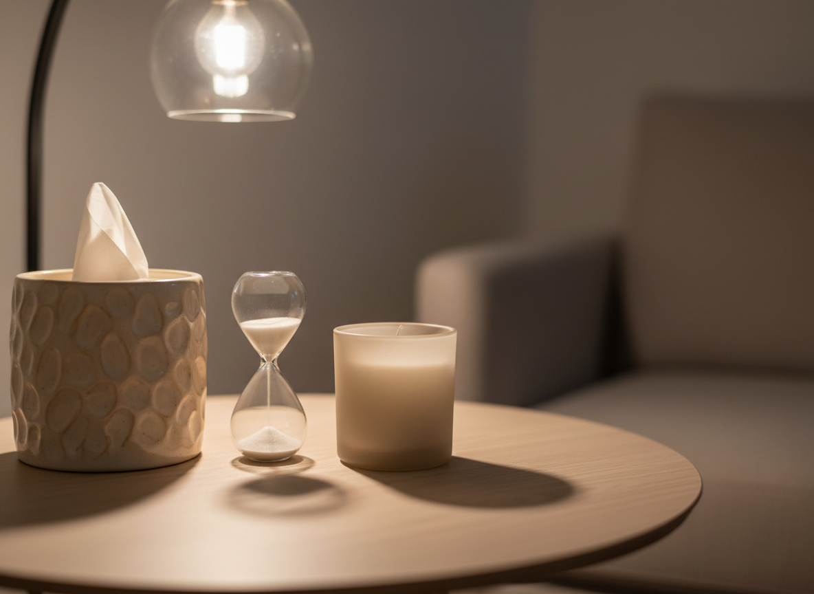 A tidy children’s therapy shelf made of light birch wood, filled with carefully organized toys and symbolic objects: a wooden dollhouse with open rooms, a basket of soft animal puppets, neatly lined-up miniature trees, cars, and tiny houses, and a shallow tray of fine sand with a few smooth river stones resting on its surface. The shelf stands against a soft pastel-blue wall with a subtle matte finish. Natural morning light streams in from the left, creating warm highlights on the wood grain and gentle shadows behind each object. Photographic realism, framed at child’s-eye level, with sharp focus throughout. The atmosphere is safe, curious, and nurturing, reflecting professional child counseling and play therapy work.